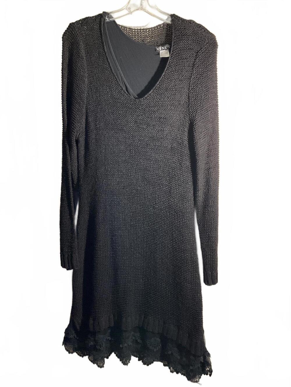 Venus Open Knit lined Black Knit Dress with Lace Hem Large